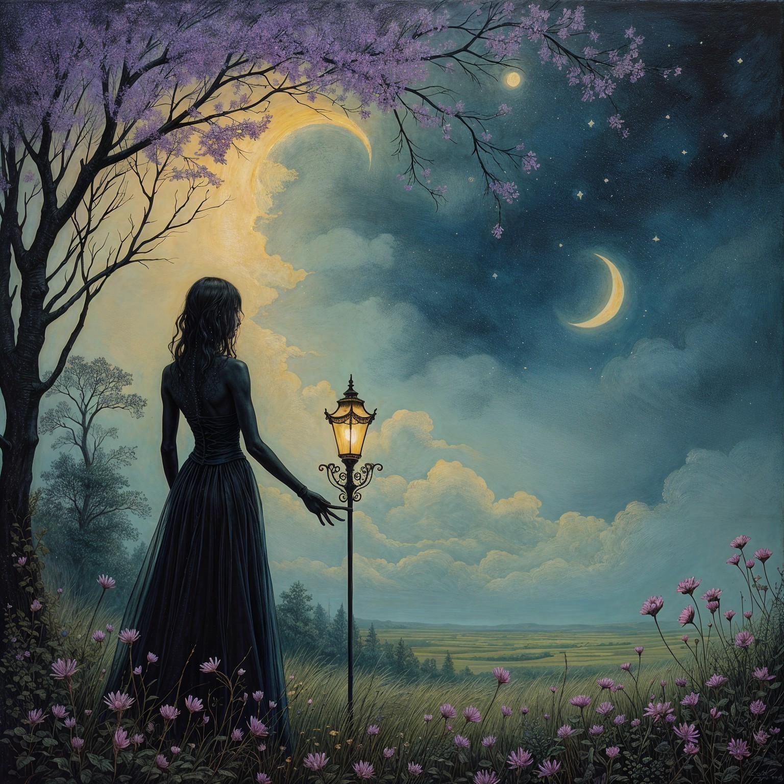 Silhouette of Woman by Lamp Post in Twilight Scene