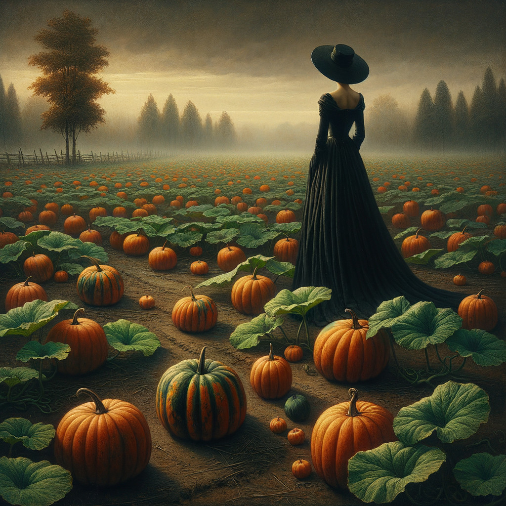 Misty Pumpkin Field with Woman in Dark Gown