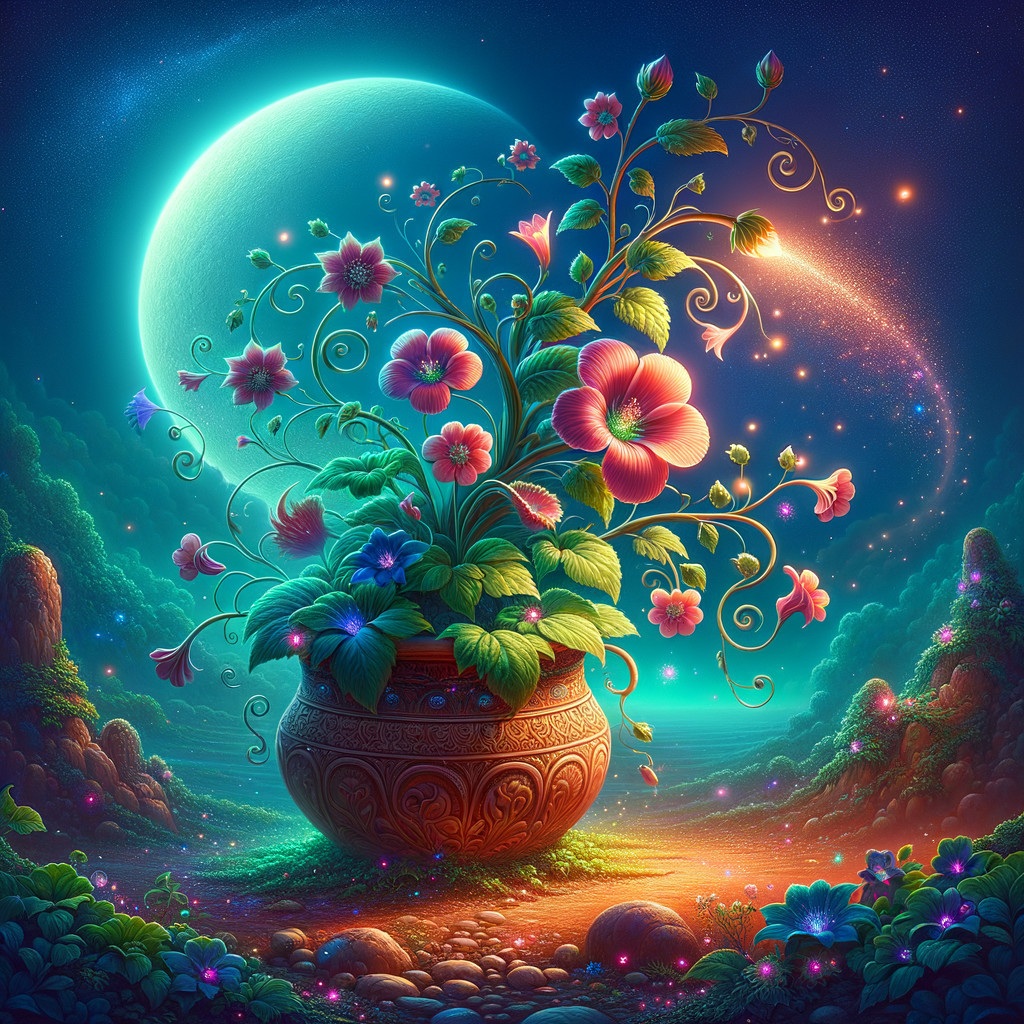 Colorful Flowers in a Dreamlike Celestial Landscape