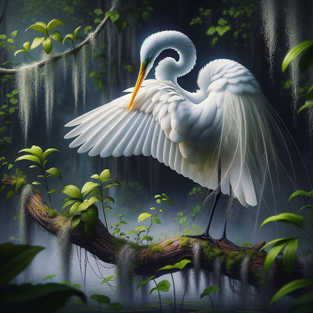White Egret on Mossy Log in Misty Bayou Setting