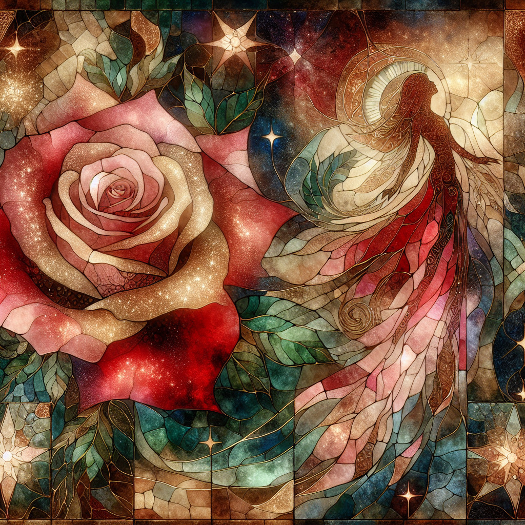 Vibrant Stained Glass Design of Rose and Ethereal Figure