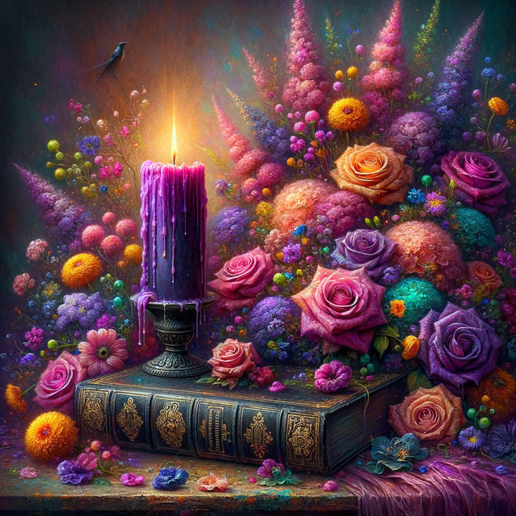 Ornate Book Surrounded by Colorful Flowers and Candle