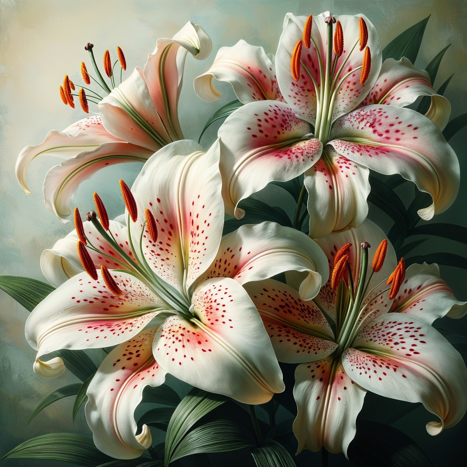 White Lilies with Red Speckles and Green Foliage Arrangement