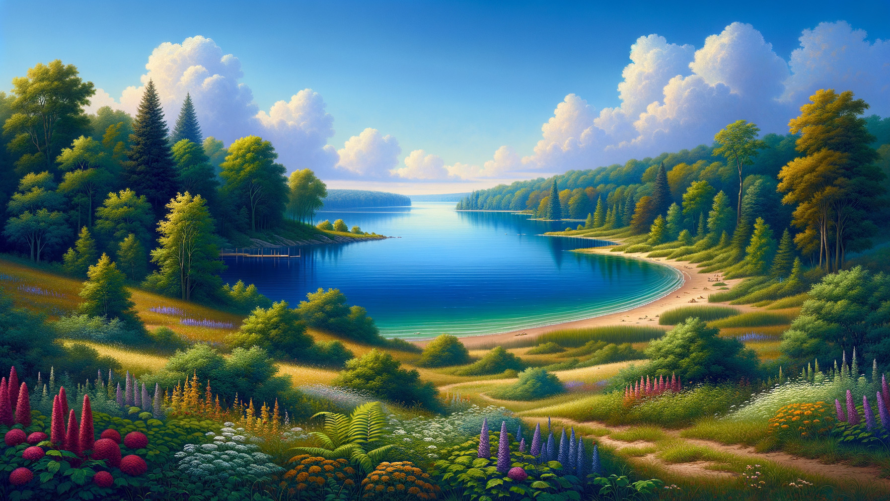 Tranquil Lake Surrounded by Lush Greenery and Hills
