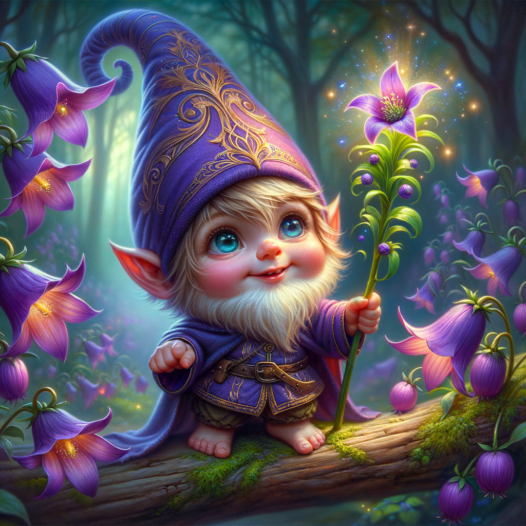 Cheerful gnome in a mystical forest with purple flowers