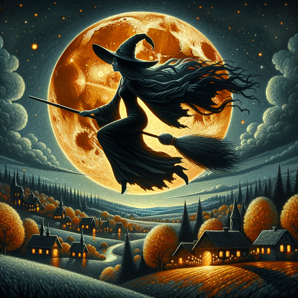 Witch Flying Across Full Moon Over Autumn Village