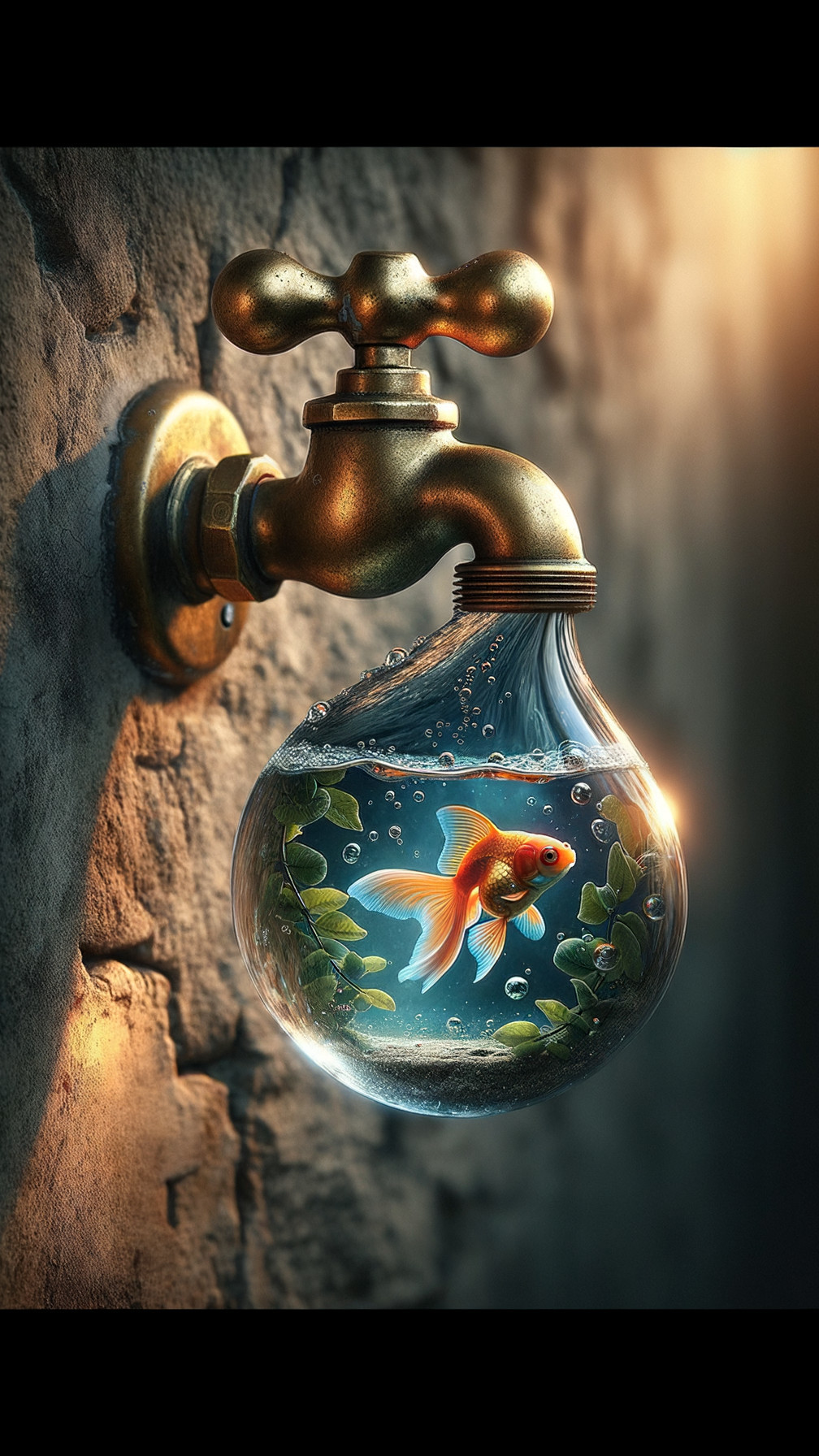 Brass Faucet with Goldfish in Textured Stone Wall