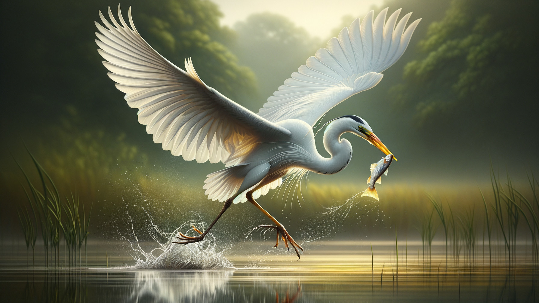 Heron in Flight Above Tranquil Pond with Fish