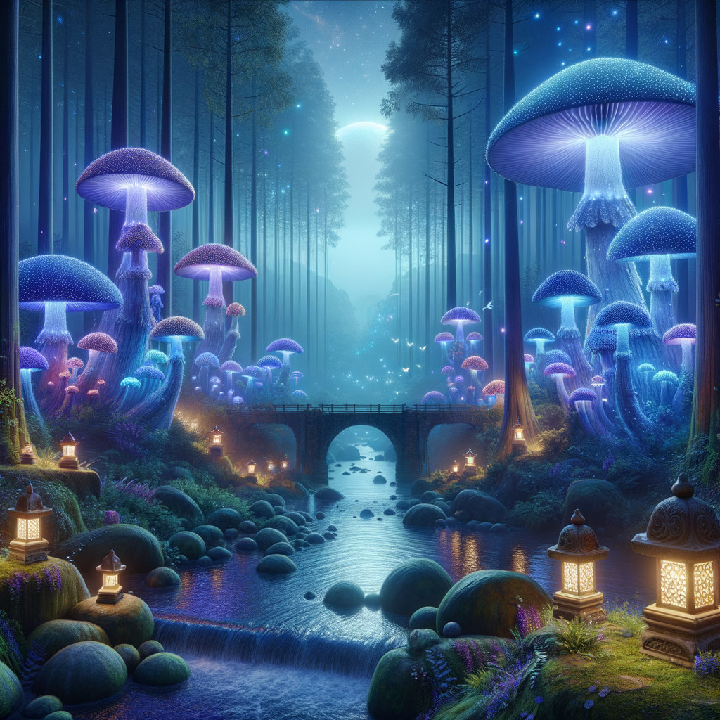 Mystical forest with luminescent mushrooms and stream