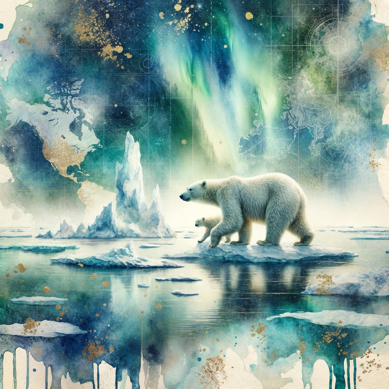 Majestic Polar Bear on Ice Floe with Auroras