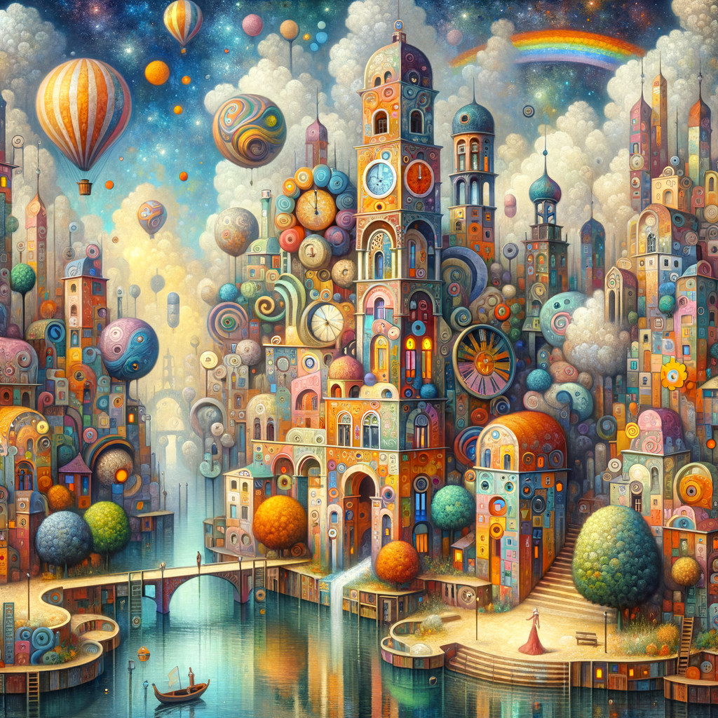 Whimsical Cityscape with Colorful Buildings and Balloons