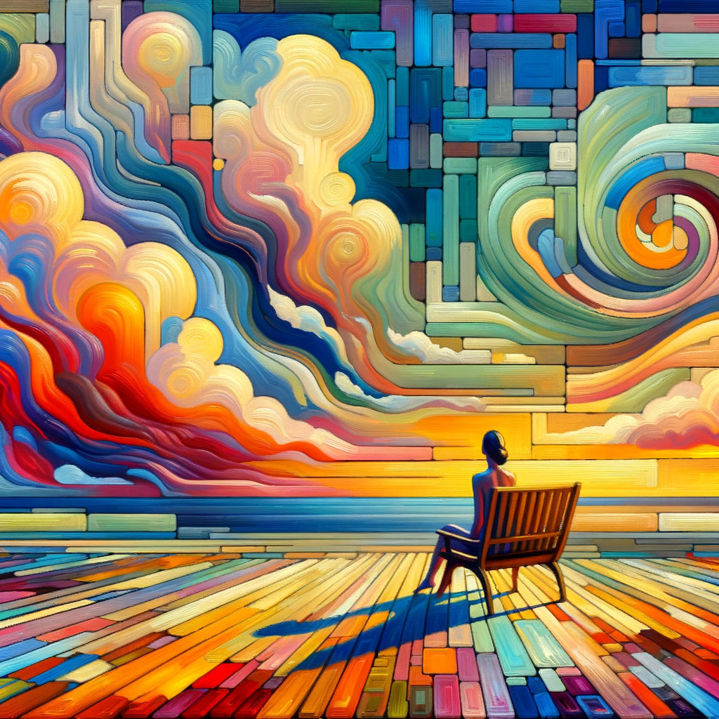 Vibrant Abstract Sunset with Solitary Figure and Patterns