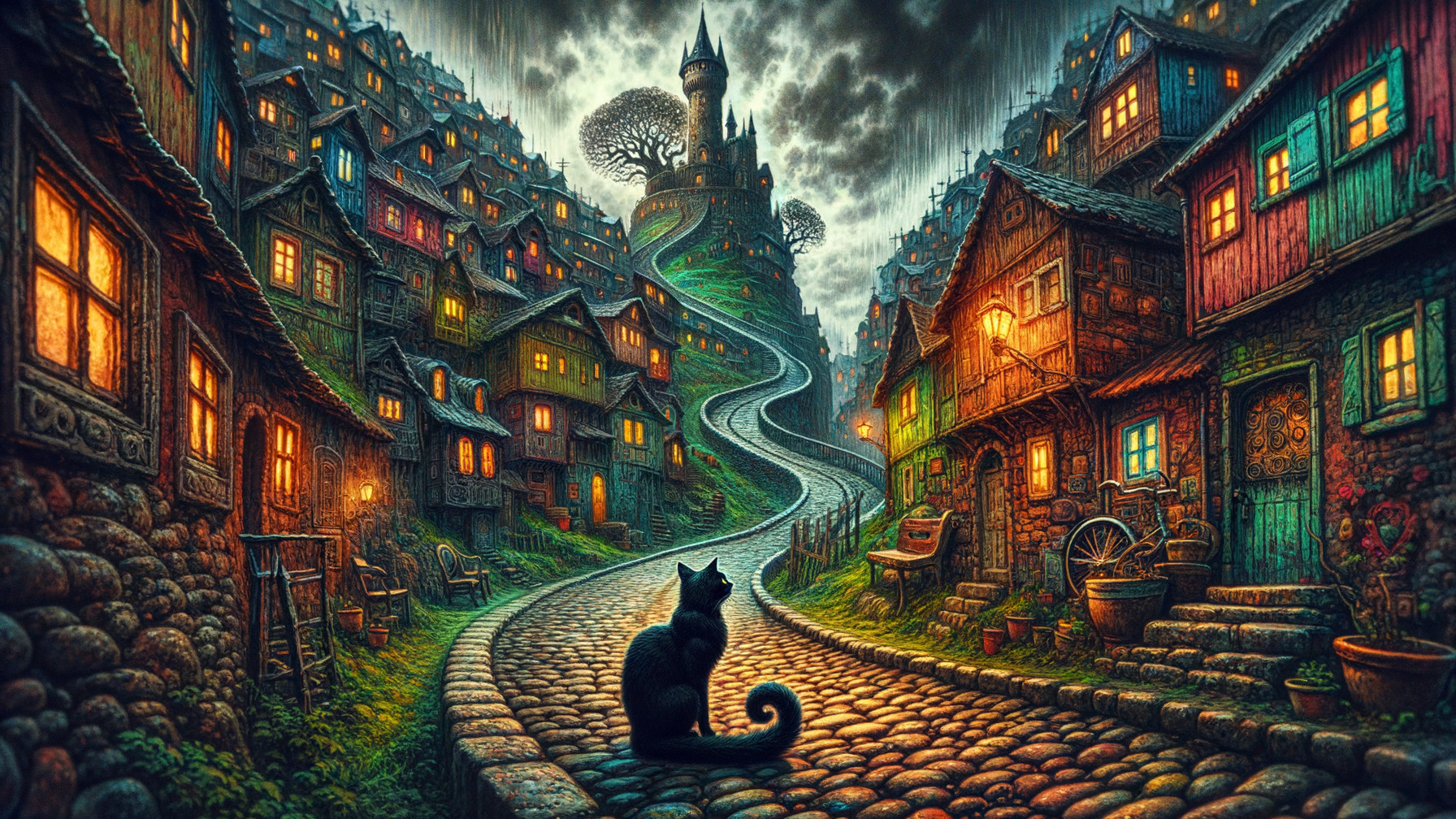 Whimsical Scene of Cobblestone Street and Castle