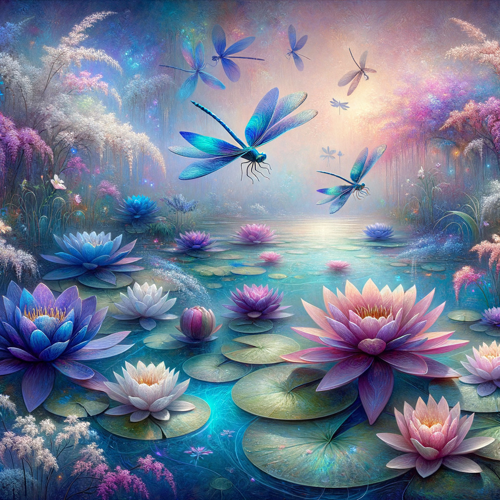 Vibrant Lotus Flower Landscape with Dragonflies