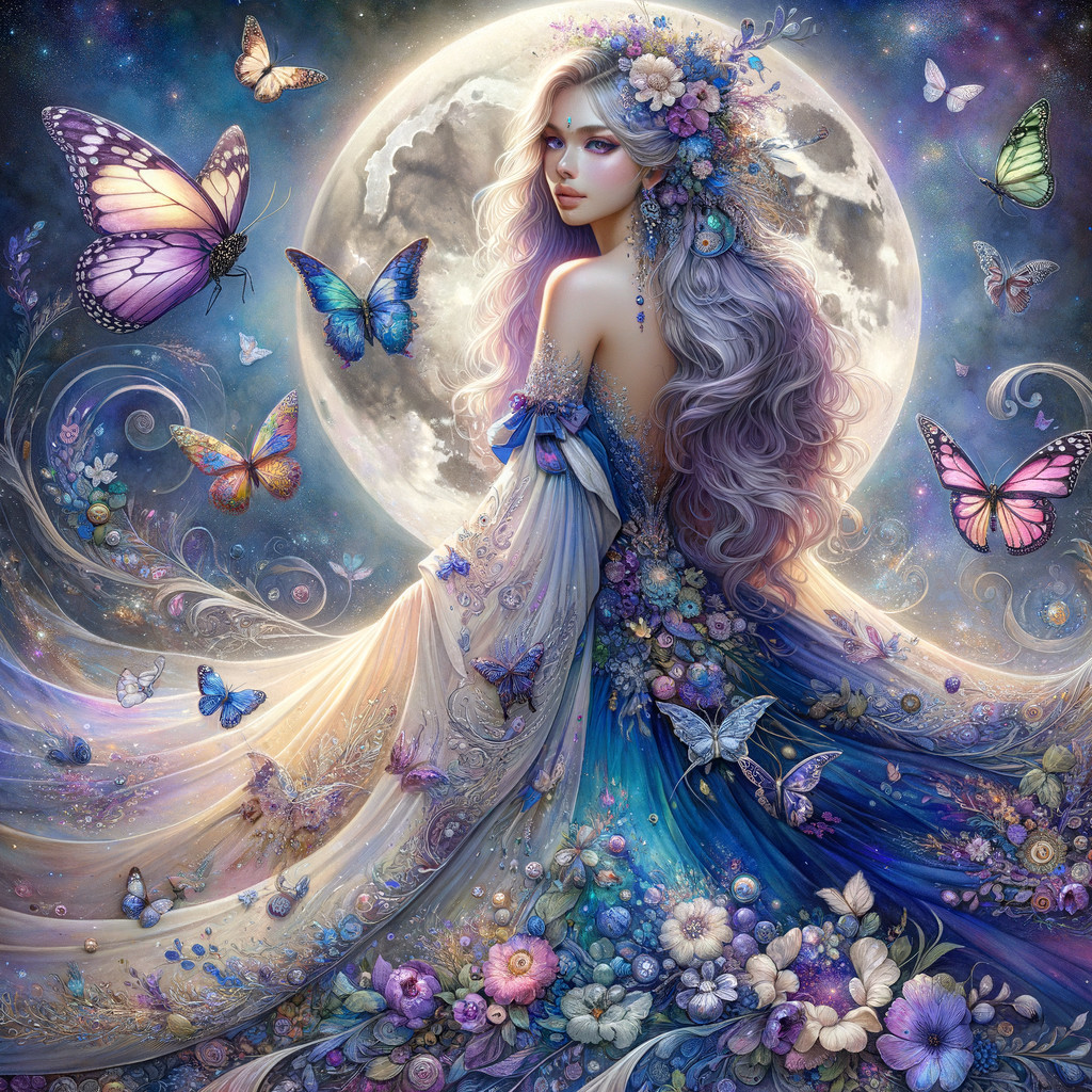 Ethereal Scene of Woman with Flowers and Butterflies