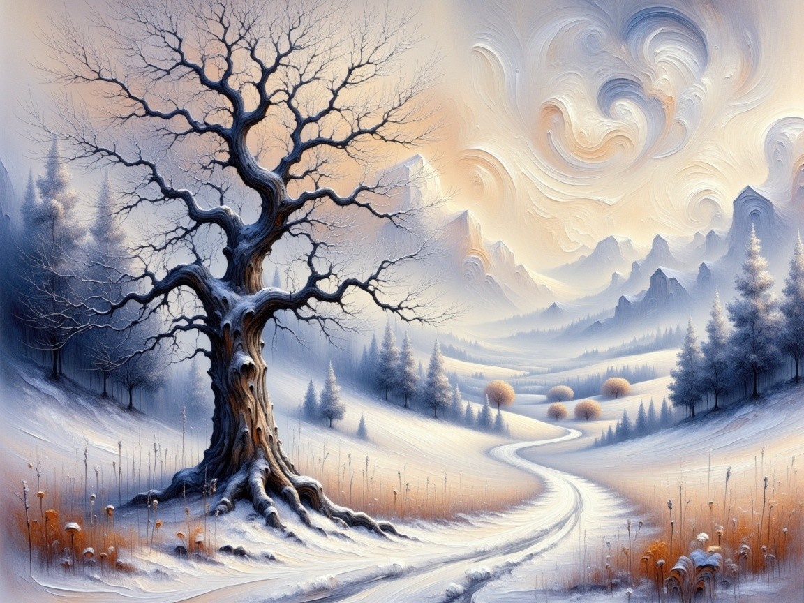 Serene Winter Landscape with Gnarled Tree and Fog