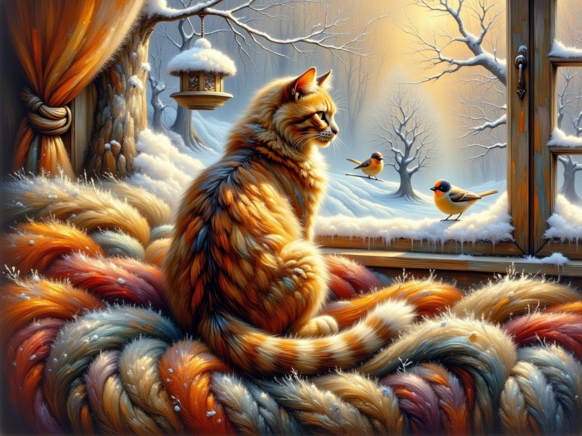 Fluffy Orange Cat by Frosty Window with Winter Scene
