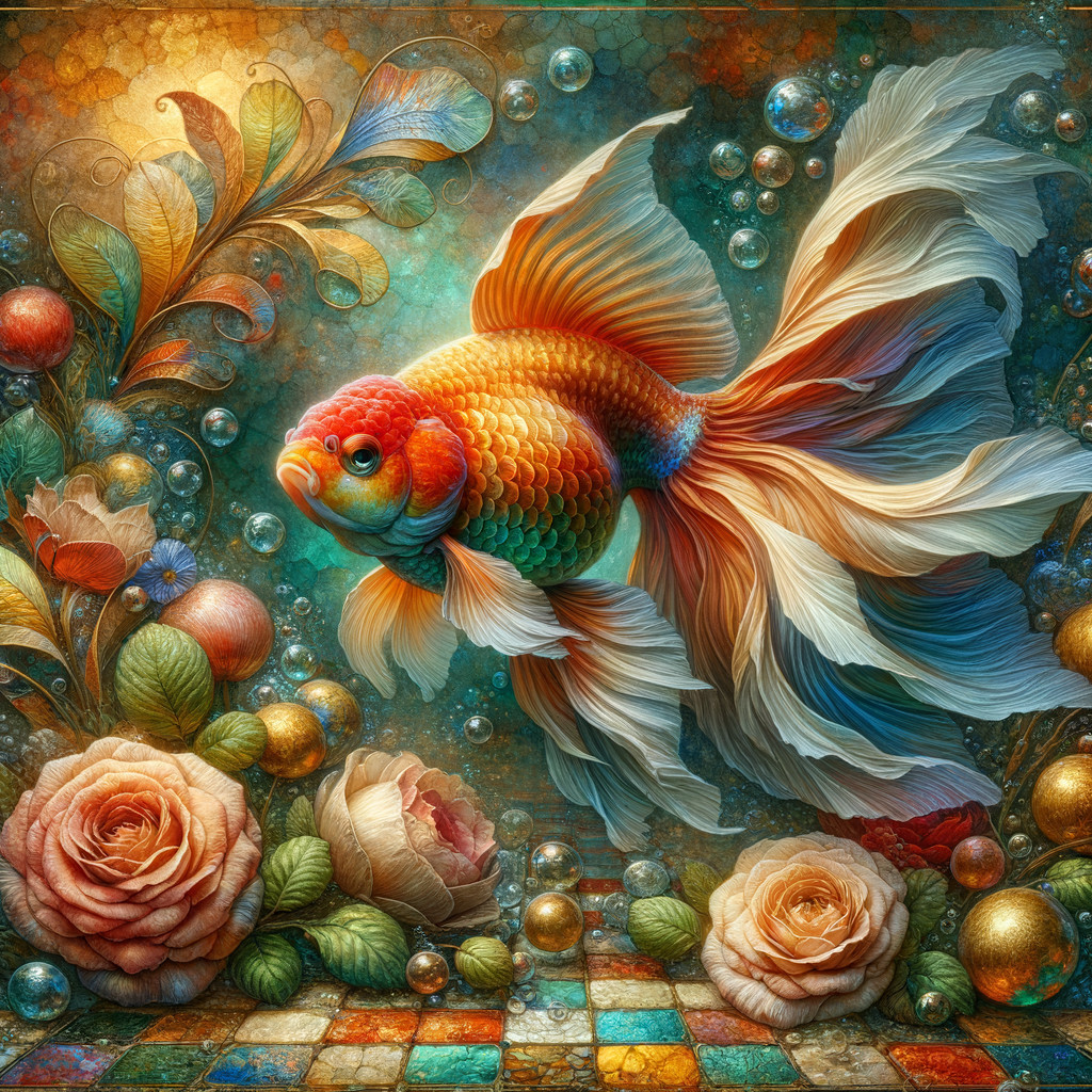Goldfish Surrounded by Pastel Roses and Bubbles
