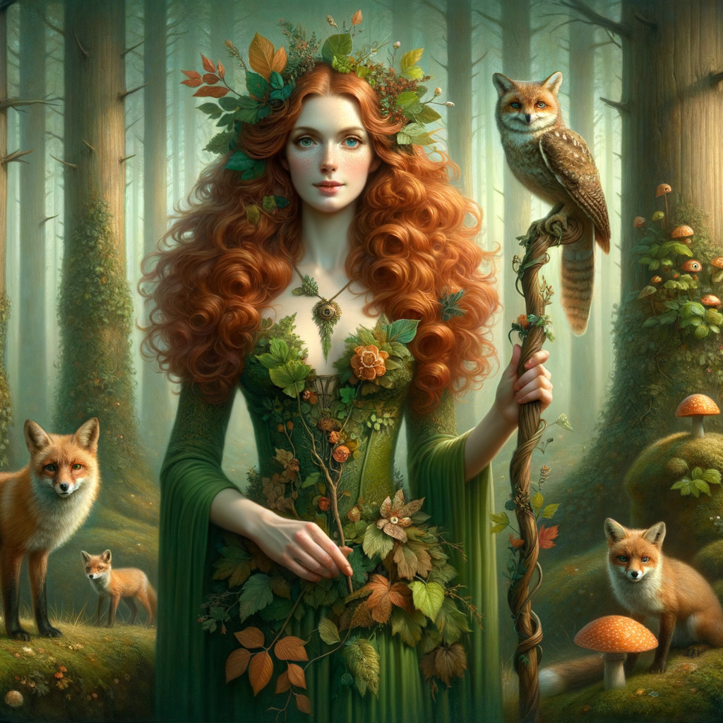 Mystical Forest Scene with Woman and Wildlife