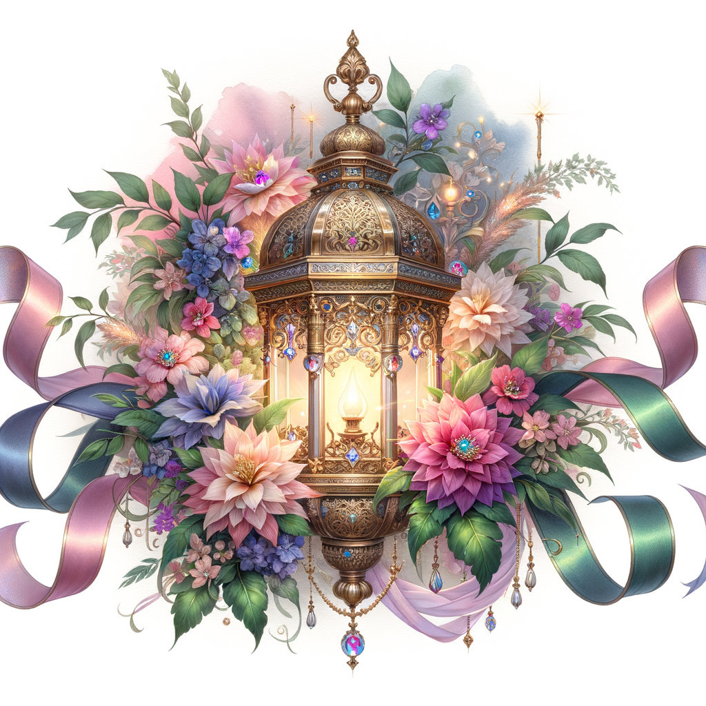Golden Moroccan Lantern with Colorful Jewels and Flowers