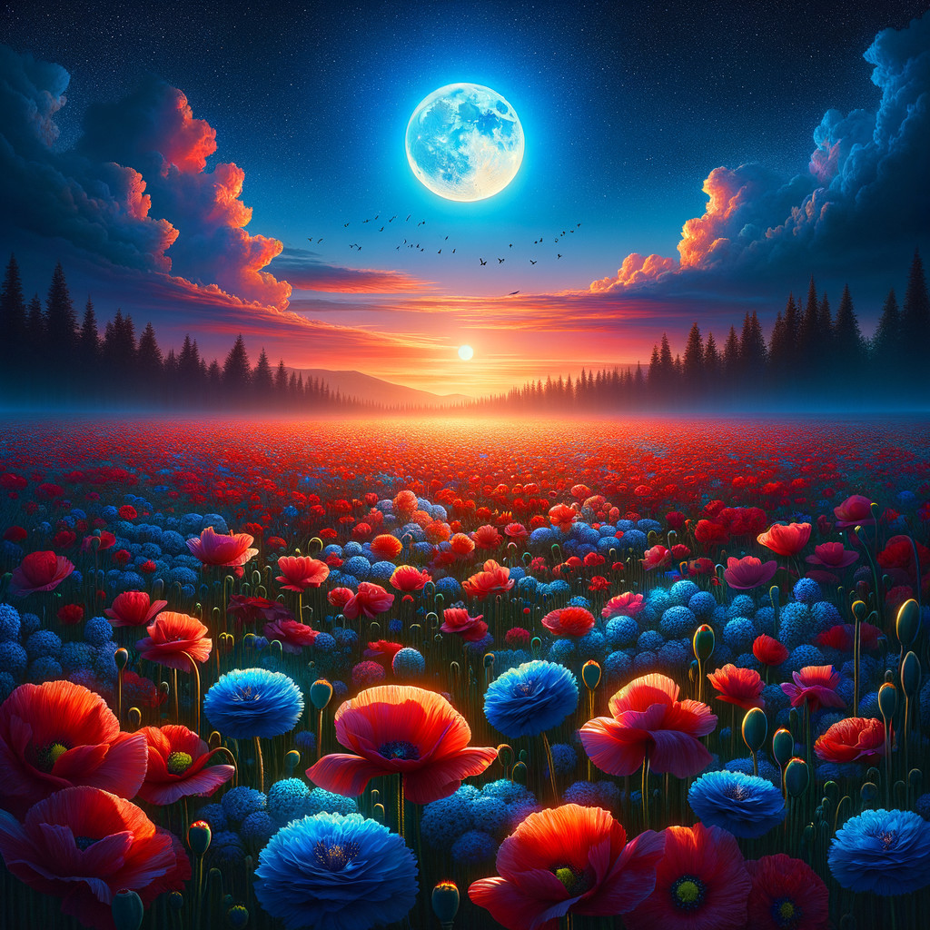 Vibrant Landscape with Poppies and Setting Sun
