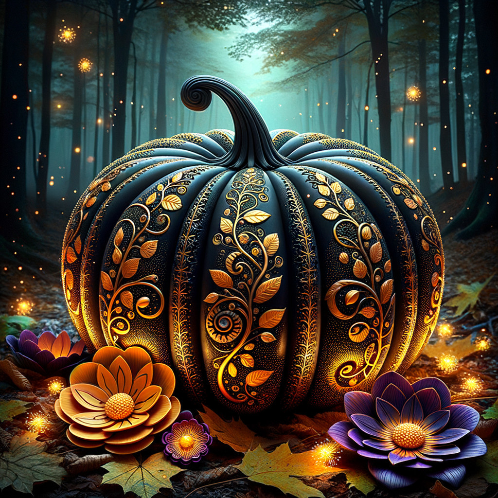 Ornate Black Pumpkin in a Mystical Forest Setting