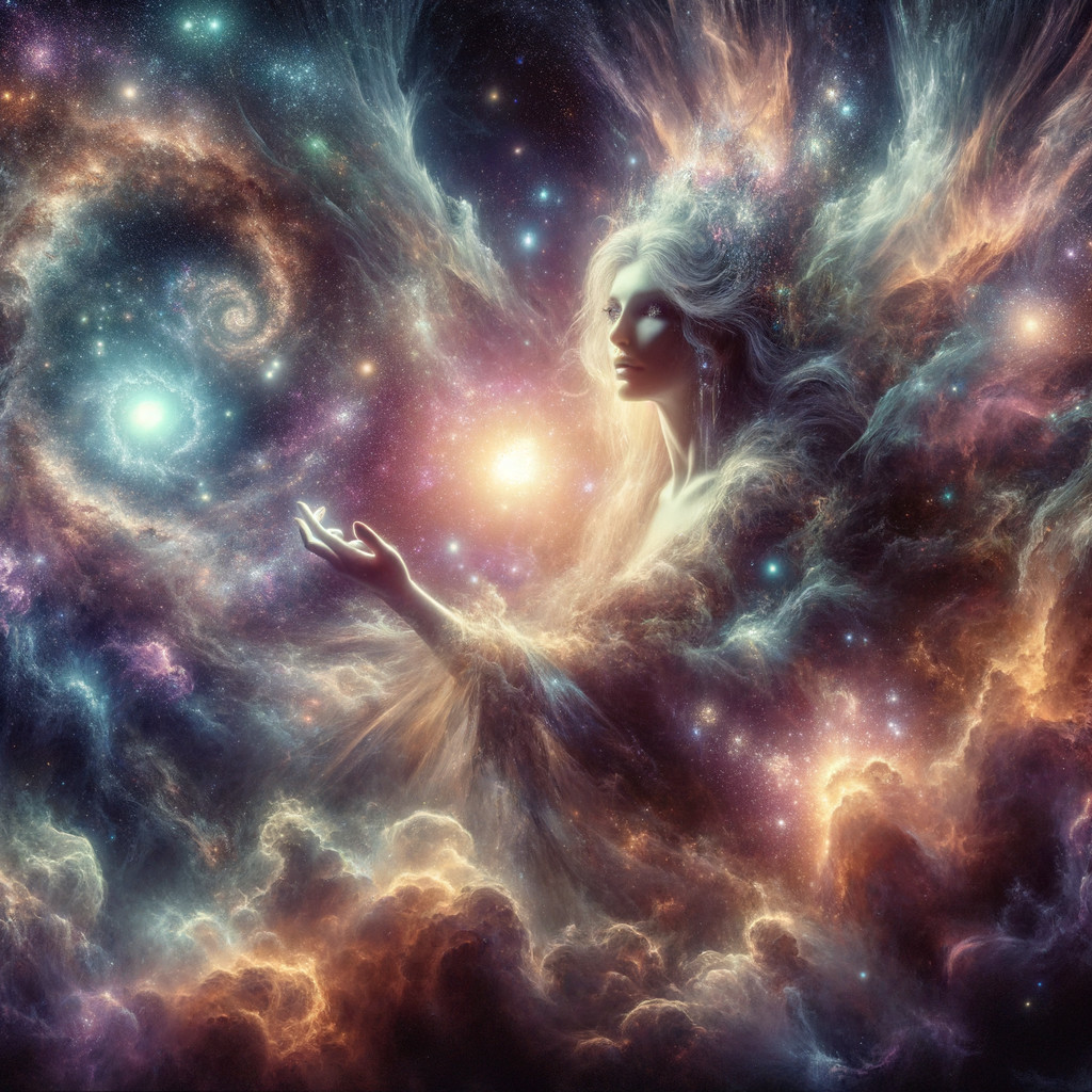 Celestial Figure in a Vibrant Cosmic Scene