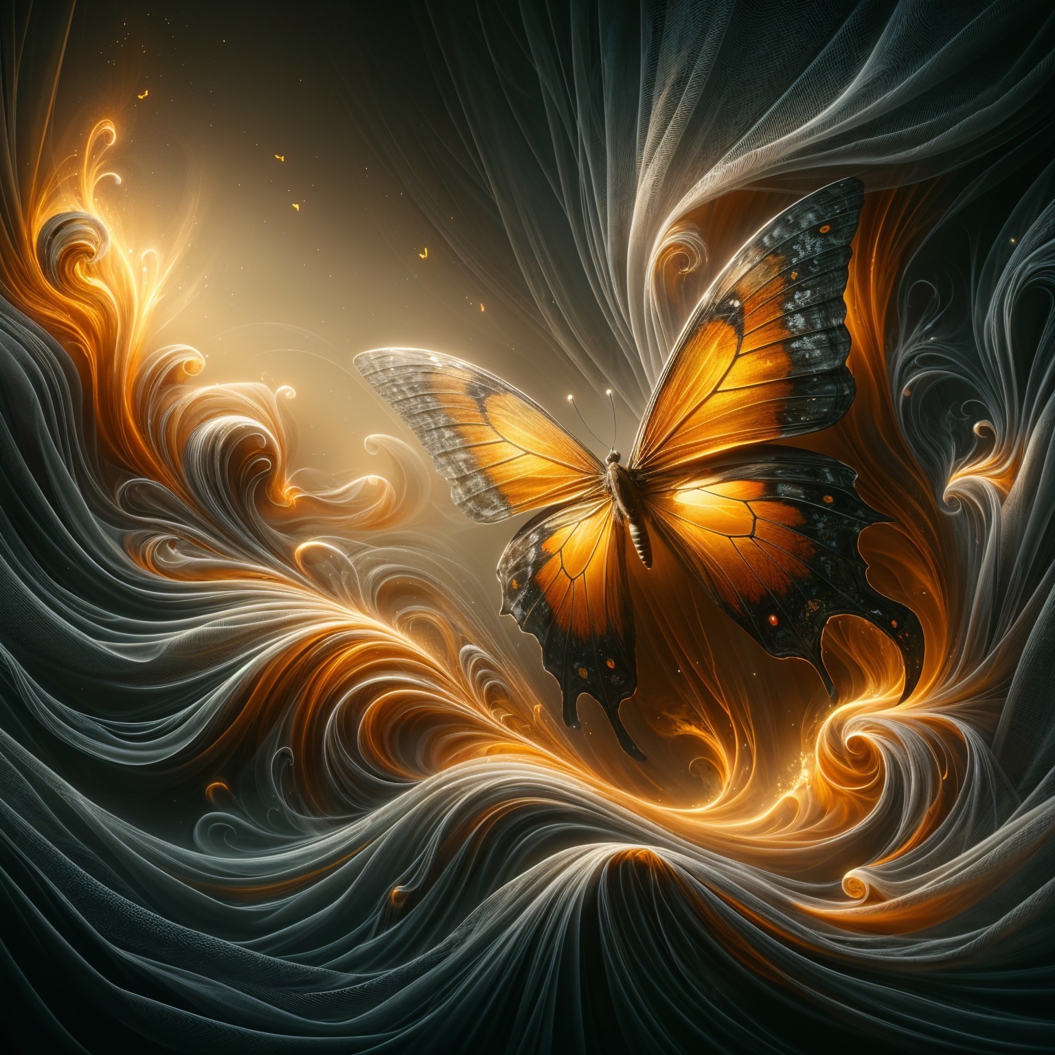 Vibrant Butterfly Amid Ethereal Patterns of Gold