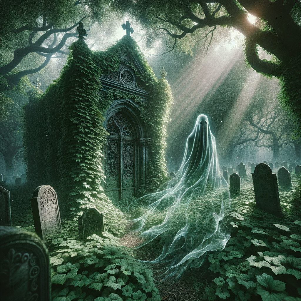 Mystical graveyard with ethereal light and mist