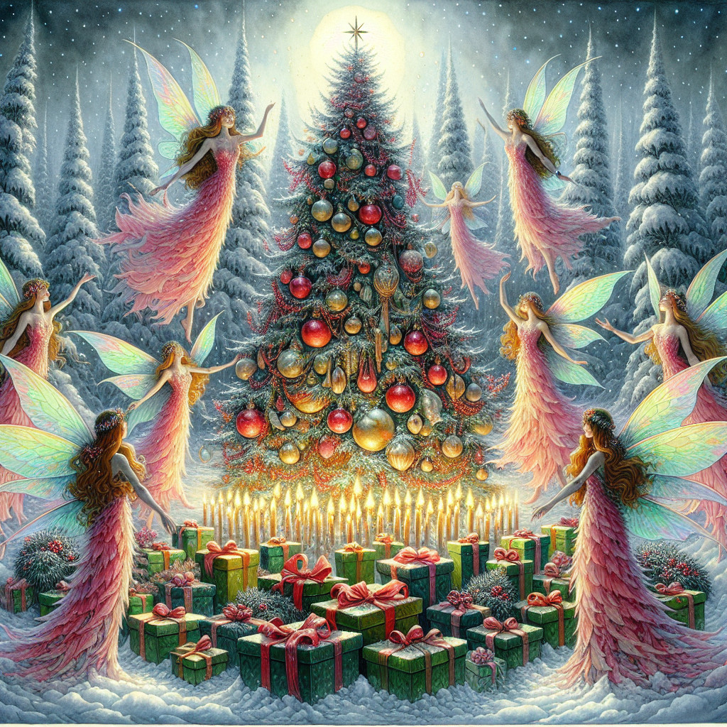 Outdoor Christmas Tree Surrounded by Fairies in Snow