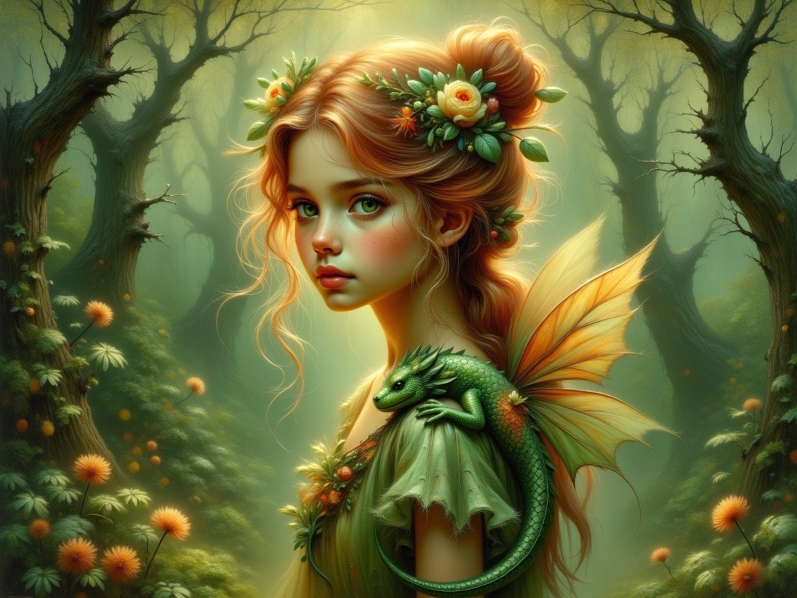 Whimsical Fairy with Dragon in Enchanting Forest