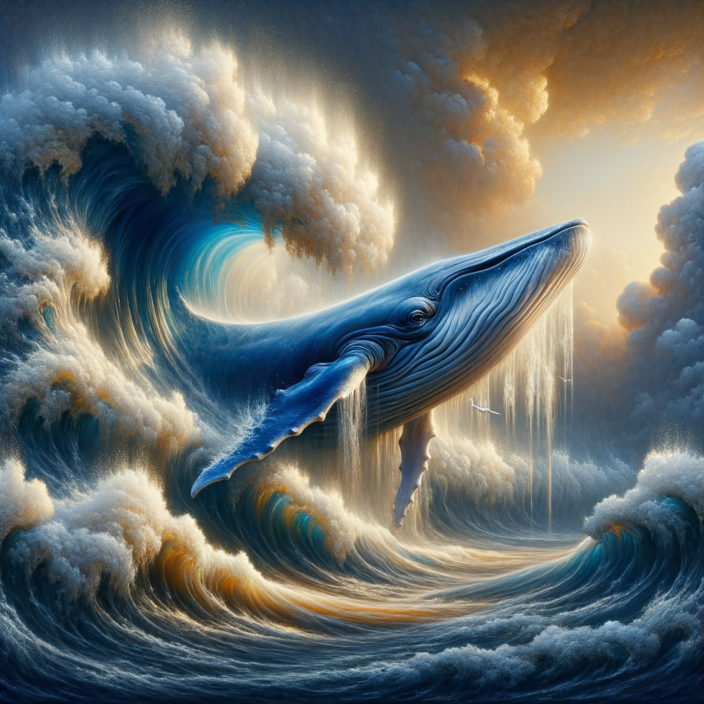 Blue whale breaches in dynamic ocean waves and clouds