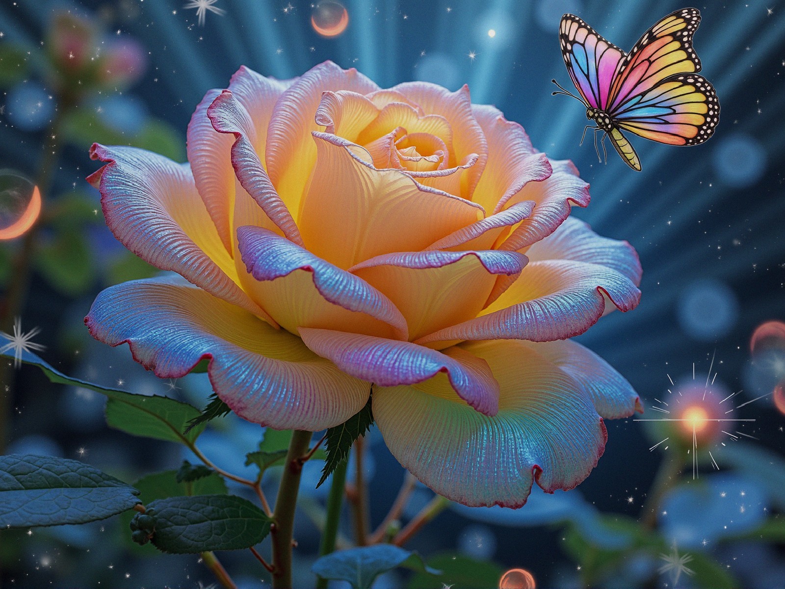 Golden rose with shimmering petals and starry backdrop