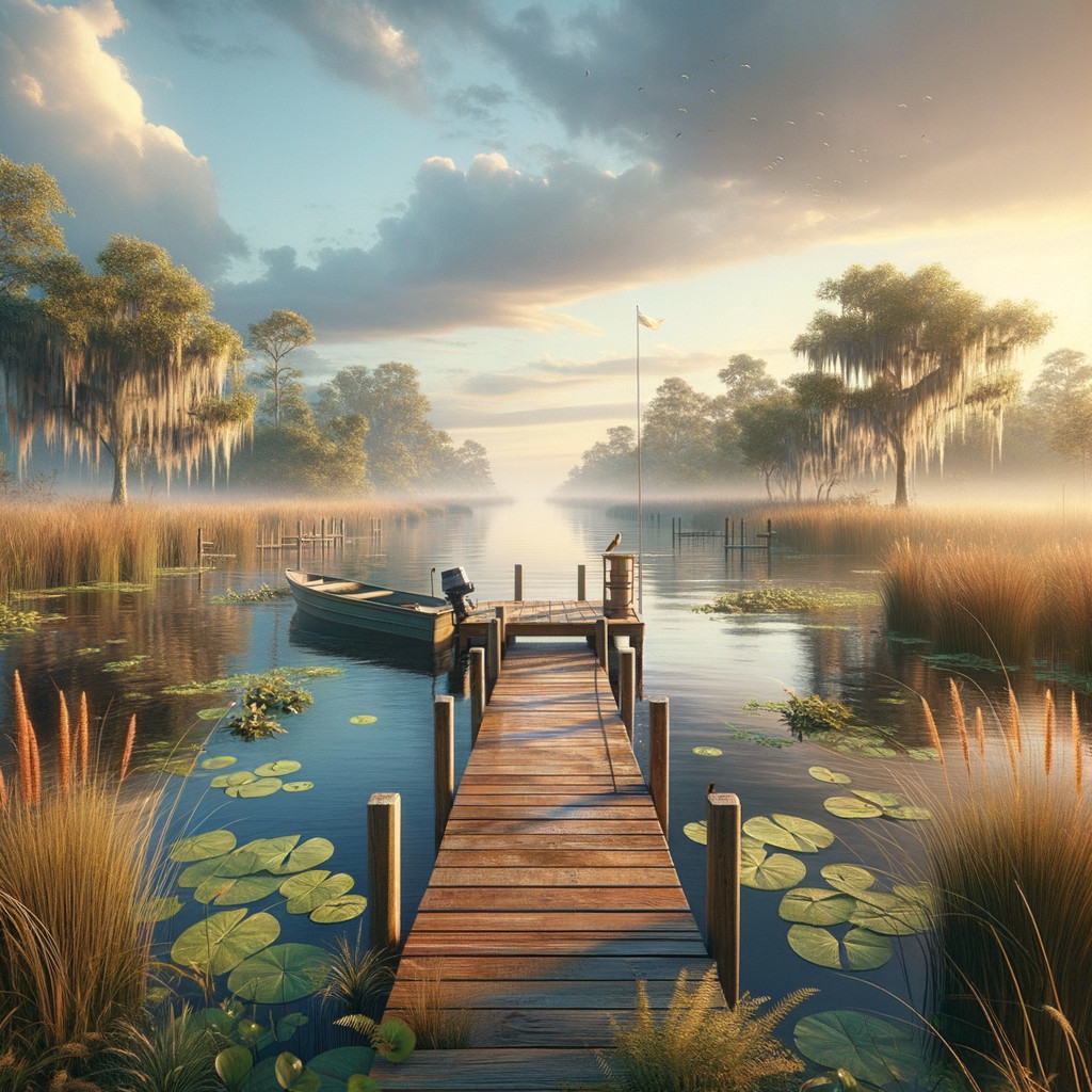 Serene Lakeside Scene at Dawn with Rustic Dock
