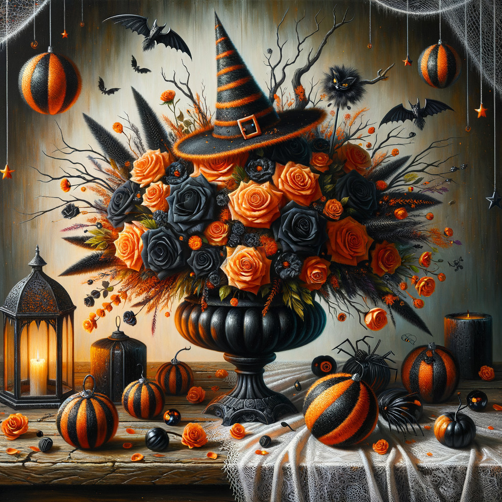 Halloween Floral Arrangement with Roses and Decorations