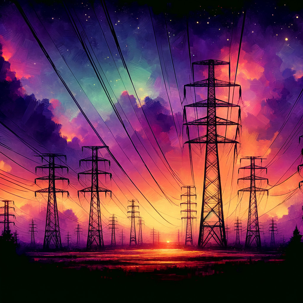 Twilight Landscape with Power Lines and Vibrant Sky