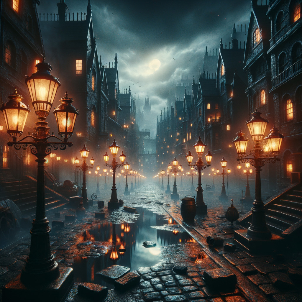 Atmospheric Night Scene in an Old Village with Fog