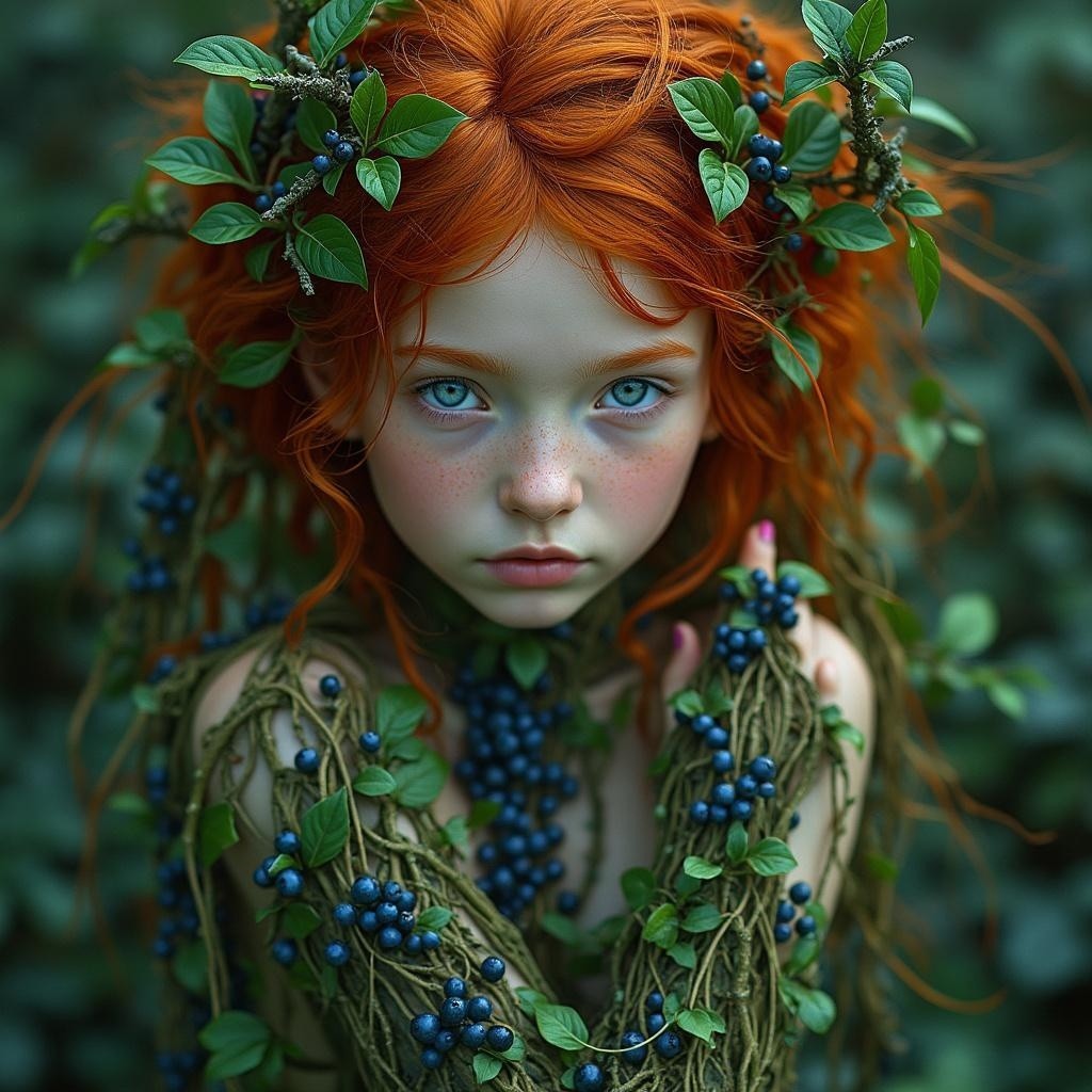Mystical figure with red hair in lush greenery