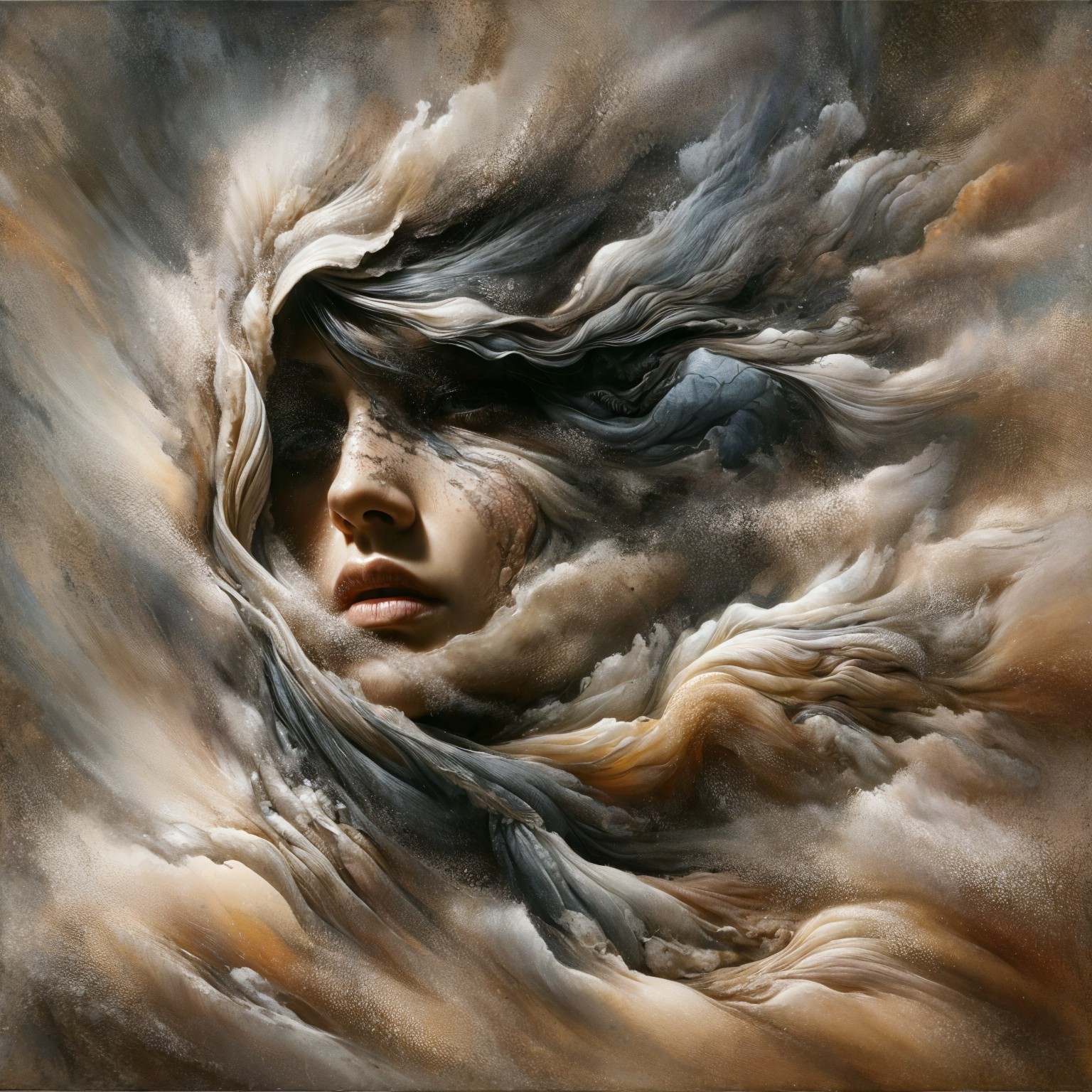 Mystical Female Face in Ethereal Cloud Textures