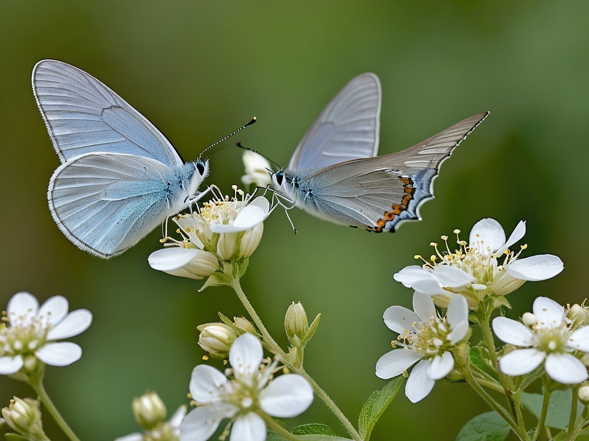 Butterflies on White Flowers with Green Background