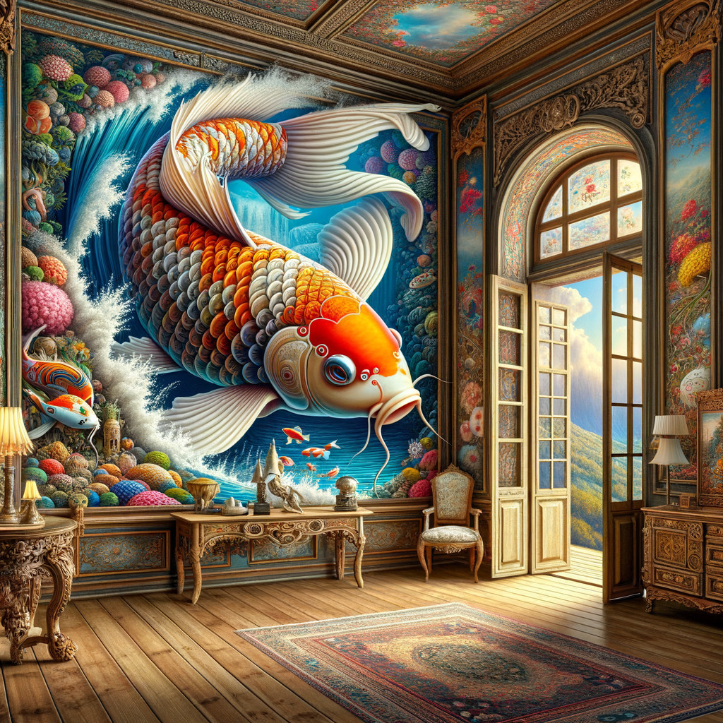 Ornate room with mural of koi fish and vibrant decor