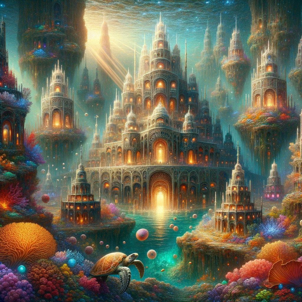 Underwater Fantasy Cityscape with Castles and Coral