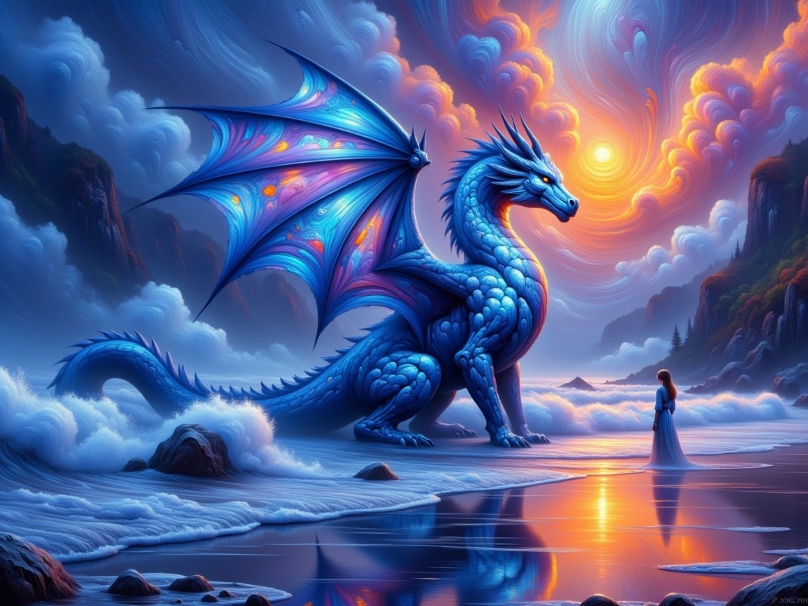 Majestic Blue Dragon on Beach with Serene Ocean View