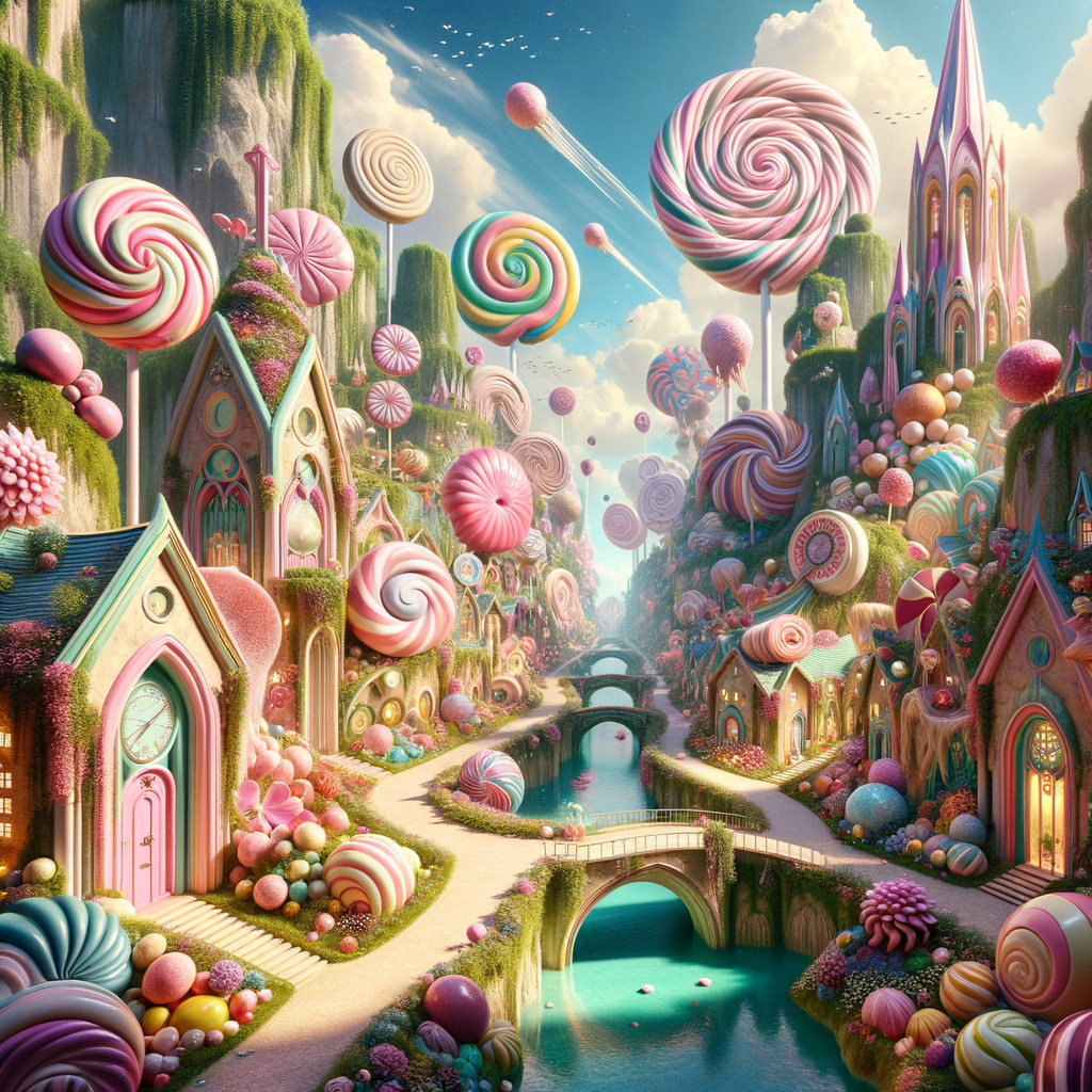 Whimsical Candyland with Lollipops and Candy Houses