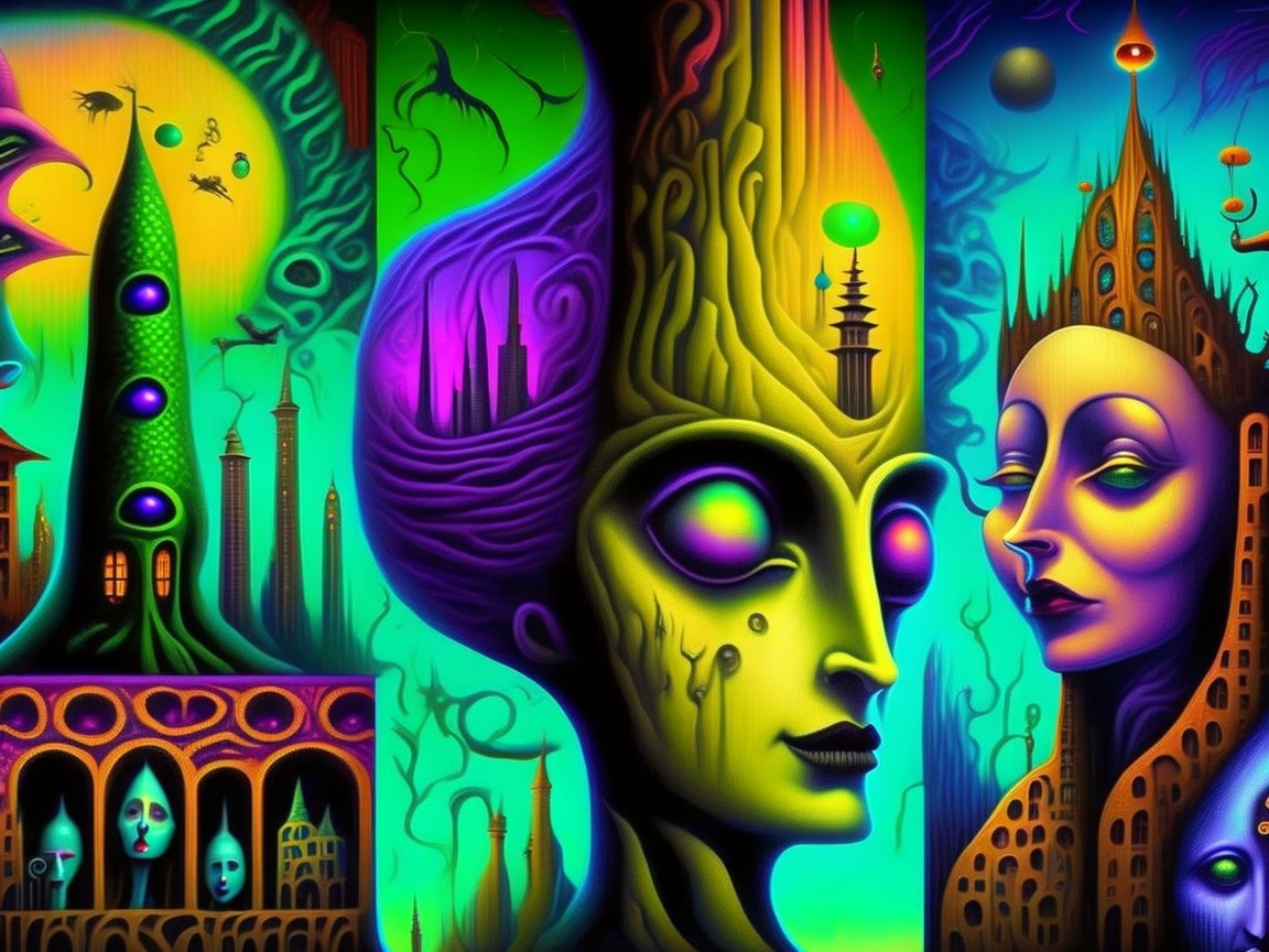 Surreal Landscape with Vibrant Colors and Unique Characters