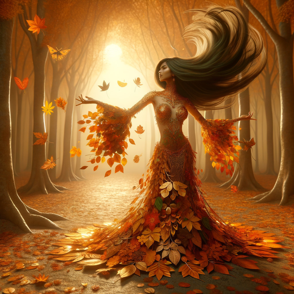 Whimsical Forest Scene with Woman in Leaf Gown