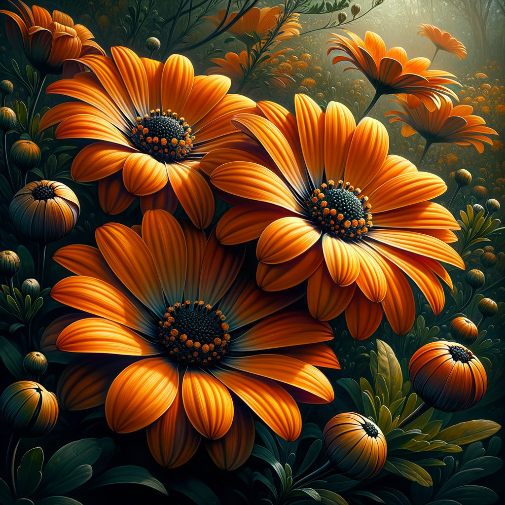 Vibrant Orange Daisies Surrounded by Lush Greenery