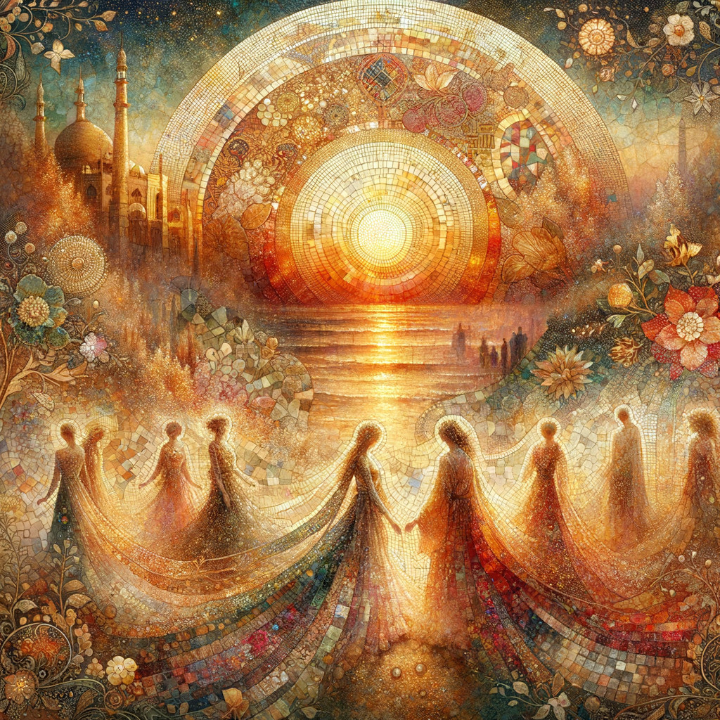 Vibrant Mosaic of Ethereal Figures in Sunset Scene