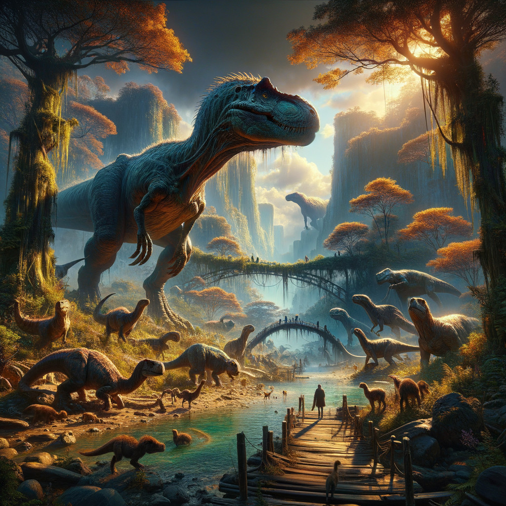 Prehistoric Landscape with Dinosaurs and Autumn Foliage
