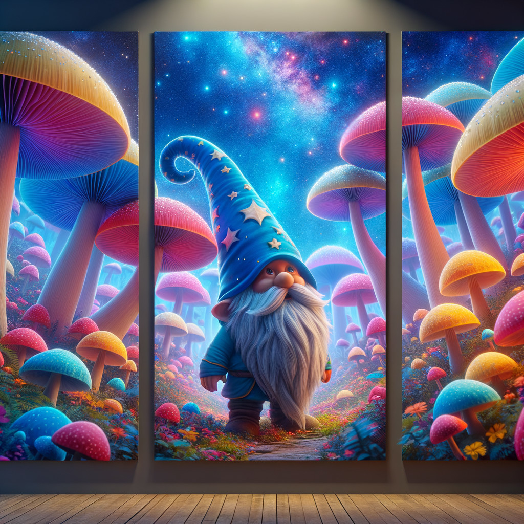 Whimsical gnome in vibrant enchanted forest scene